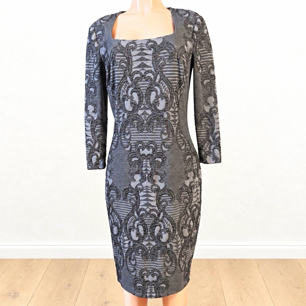 Cache Dress Womens L Gray Black Baroque Print Bodycon Stretch Sheath Cocktail